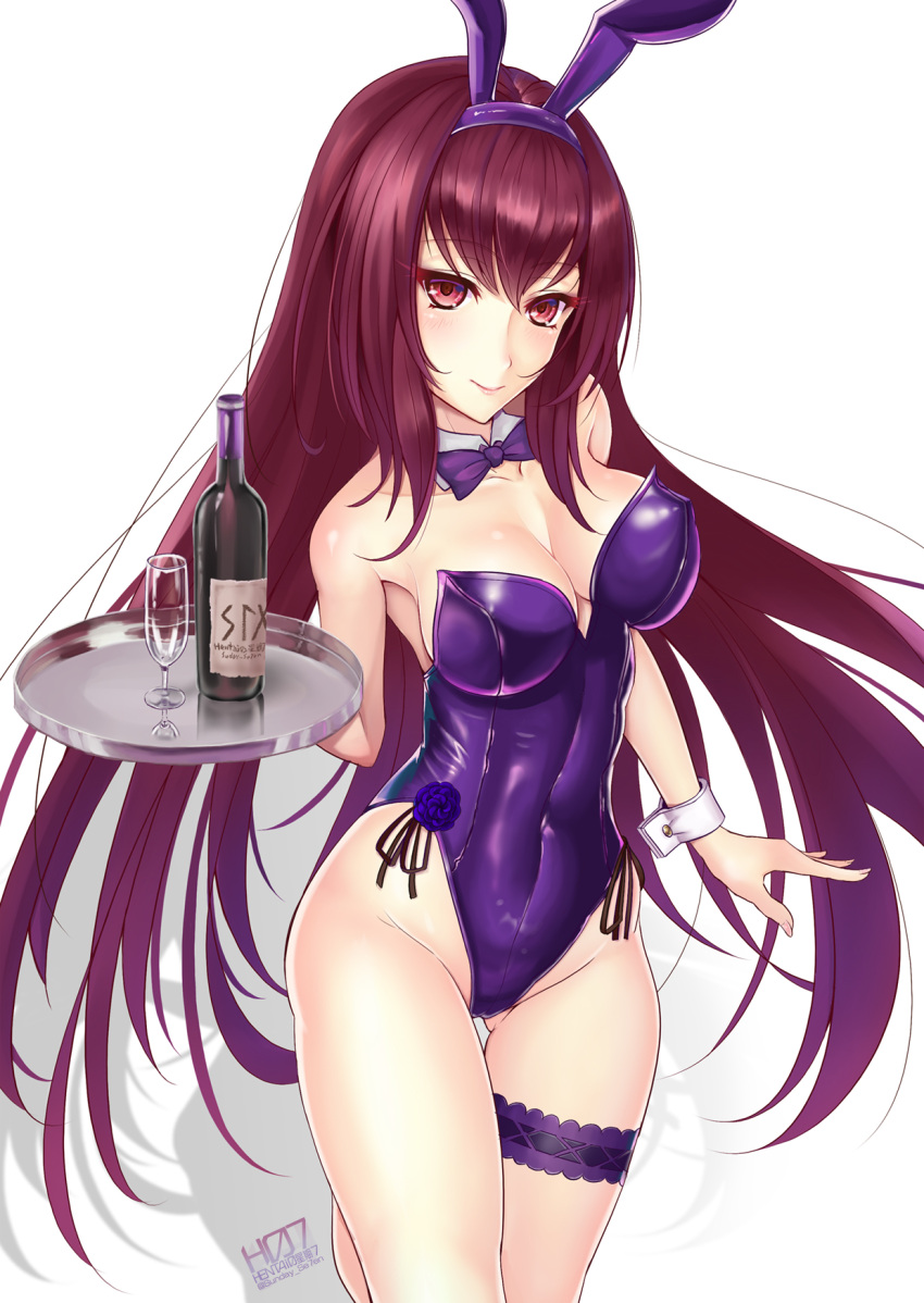 1girl alcohol animal_ears bottle bow bowtie bunnysuit commentary_request cowboy_shot cup detached_collar drinking_glass fate/grand_order fate_(series) garter_belt highres leotard long_hair looking_at_viewer purple_hair purple_leotard purple_neckwear rabbit_ears red_eyes scathach_(fate/grand_order) simple_background smile solo standing strapless strapless_leotard sunday_se7en tray white_background wine wine_bottle wine_glass wrist_cuffs