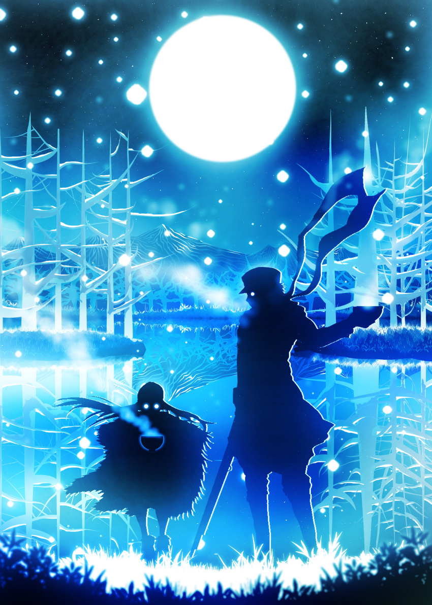 1boy 1girl absurdres asirpa bare_tree blue blurry blurry_foreground breath cape commentary_request depth_of_field full_moon golden_kamuy grass gun harada_miyuki highres holding holding_gun holding_weapon jacket lake monochrome moon night outdoors pants rifle scarf silhouette standing steam sugimoto_saichi tree weapon