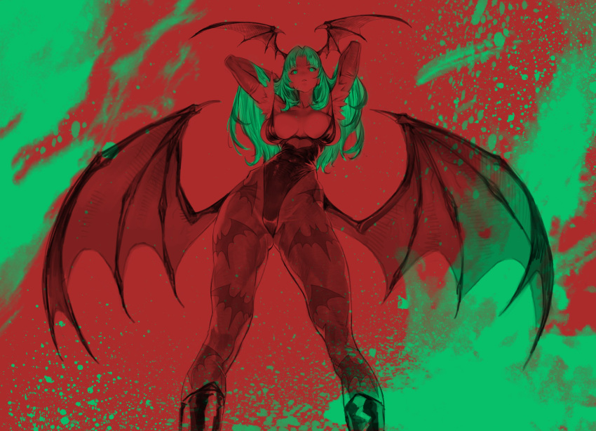 1girl animal_print bat_print breasts demon_girl elbow_gloves feet_out_of_frame from_below gloves gluteal_fold green hands_up head_wings heart_cutout highres large_breasts leotard limited_palette long_hair looking_at_viewer low_wings morrigan_aensland pantyhose parted_lips red simple_background solo spread_wings succubus vampire_(game) white_background wings yang-do