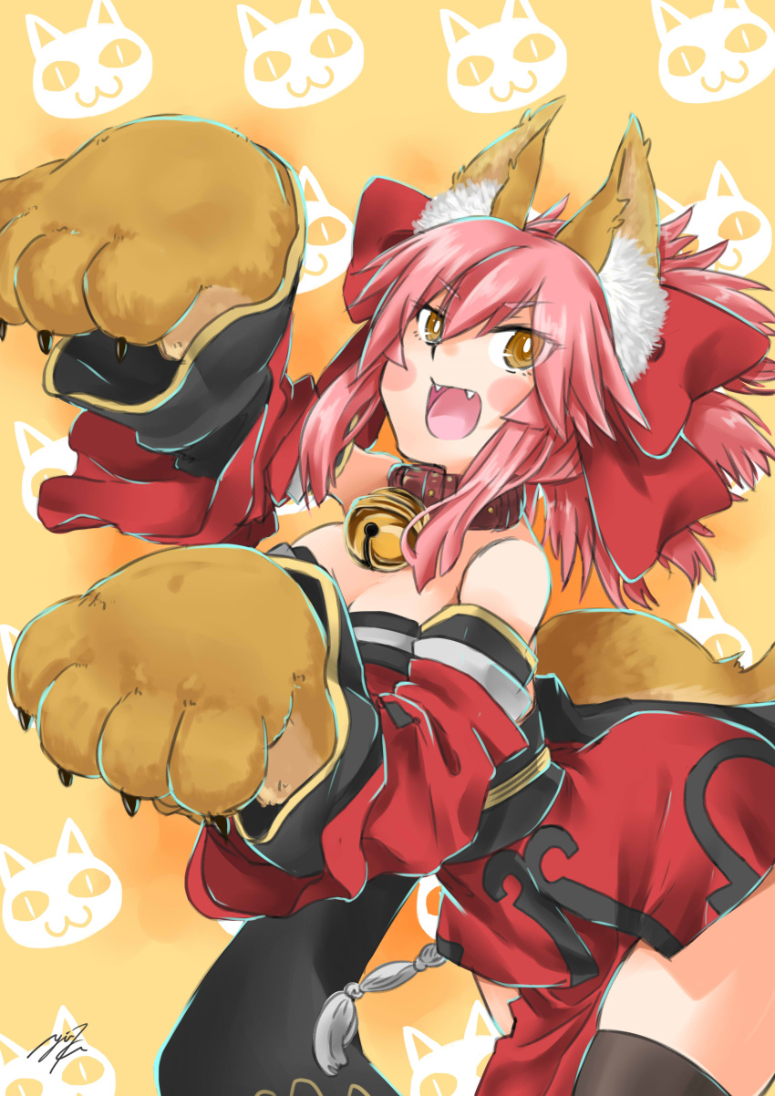 1girl absurdres animal_ears bare_shoulders bell bell_collar black_legwear blush_stickers breasts cat_paws cleavage collar fangs fate/grand_order fate_(series) fox_ears fox_tail gloves hair_ribbon highres japanese_clothes jingle_bell large_breasts long_hair open_mouth paw_gloves paw_pose paws pink_hair ponytail red_ribbon ribbon solo tahira_ureka tail tamamo_(fate)_(all) tamamo_cat_(fate) thigh-highs