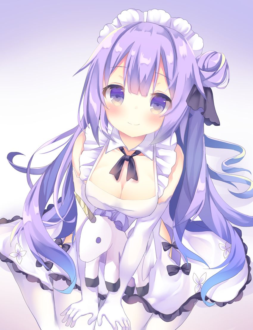 1girl adapted_costume ahoge alternate_costume azur_lane breasts cleavage commentary_request elbow_gloves from_above gloves gradient gradient_background hair_bun hair_ribbon highres long_hair looking_at_viewer maid_headdress medium_breasts one_side_up purple_hair ribbon side_bun simple_background smile solo stuffed_animal stuffed_pegasus stuffed_toy stuffed_unicorn thigh-highs tsuruse unicorn_(azur_lane) violet_eyes white_legwear
