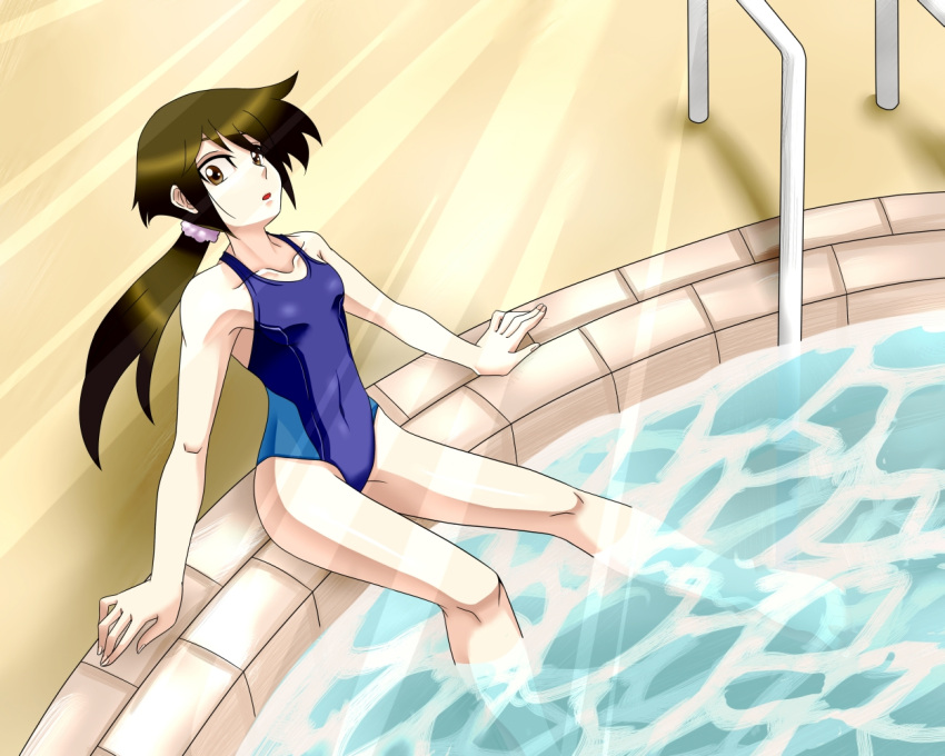 1girl aile breasts brown_eyes brown_hair commentary_request long_hair pool rockman rockman_zx rockman_zx_advent solo swimsuit
