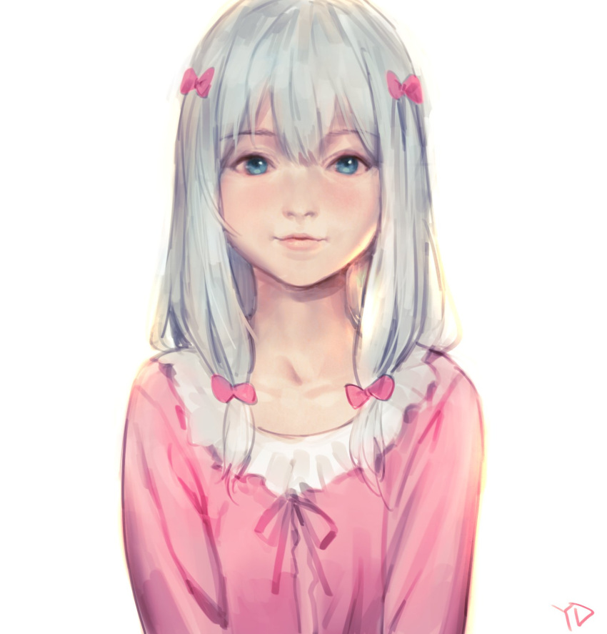 1girl blue_eyes blue_hair bow closed_mouth commentary_request dress eromanga_sensei eyebrows_visible_through_hair hair_bow highres izumi_sagiri long_hair long_sleeves looking_at_viewer pink_bow pink_dress pink_lips realistic signature simple_background smile solo upper_body white_background yang-do