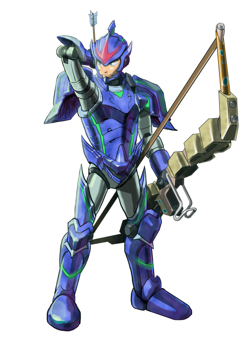 1boy adapted_costume android armor arrow blue_eyes boots bow_(weapon) brachydios_(armor) capcom commentary_request crossover full_body highres holding holding_bow_(weapon) holding_weapon hudy8358 legs_apart male_focus monster_hunter monster_hunter_xx robot_joints rockman rockman_x simple_background solo standing weapon white_background x_(rockman)
