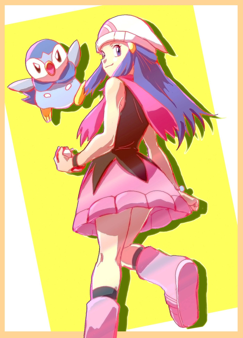 1girl bare_shoulders bird black_legwear black_shirt blue_eyes blue_hair boots border closed_mouth eyelashes from_behind gen_4_pokemon hair_ornament hat highres hikari_(pokemon) holding holding_poke_ball ikki_(degutaro_) kneepits leg_up long_hair looking_back miniskirt penguin pink_footwear pink_scarf pink_skirt piplup poke_ball pokemon pokemon_(creature) pokemon_(game) pokemon_dppt poketch scarf shirt sidelocks silhouette skirt sleeveless sleeveless_shirt smile socks solo standing standing_on_one_leg straight_hair watch watch white_hat