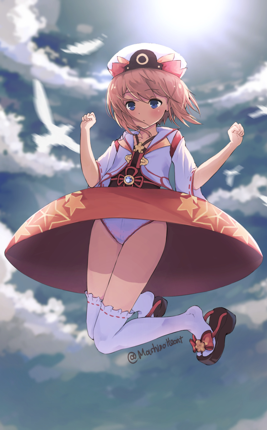 artist_name bird blanc blue_eyes blush brown_hair clenched_hand clouds cloudy_sky commentary commentary_request day flying full_body hands_up hat highres japanese_clothes kami_jigen_game_neptune_v looking_at_viewer mashiroheart miko neptune_(series) panties sandals short_hair short_sleeves sky solo star star_print thigh-highs underwear upskirt white_legwear white_panties