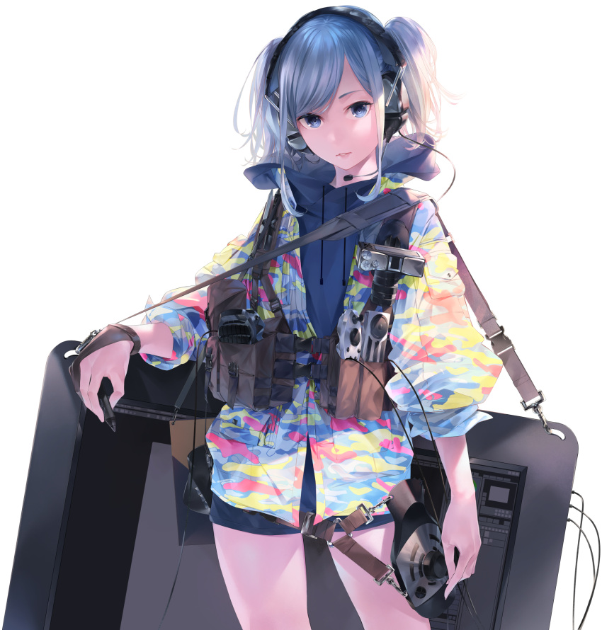 1girl blue_eyes blue_hair camera drawing_tablet facing_viewer gloves headphones highres multicolored multicolored_clothes original shorts sousou_(sousouworks) strap sweater tagme twintails wacom white_background