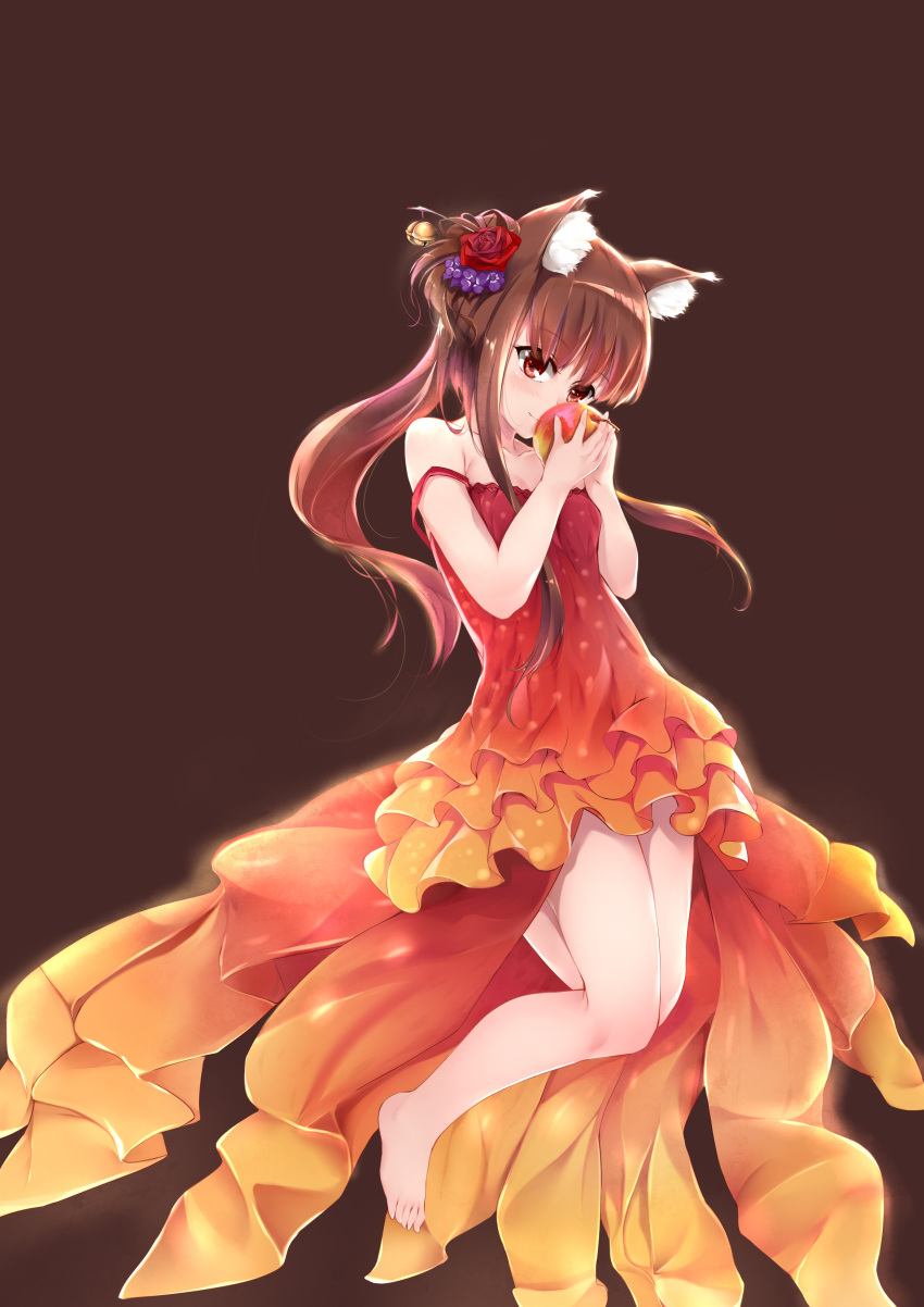 1girl absurdres animal_ears apple bare_legs barefoot black_background brown_hair c_(pixiv3064042) commentary_request dress floating floating_hair flower food fruit hair_flower hair_ornament highres holding holding_fruit holo kanzashi legs long_hair red_dress red_eyes simple_background solo spice_and_wolf strap_slip wolf_ears