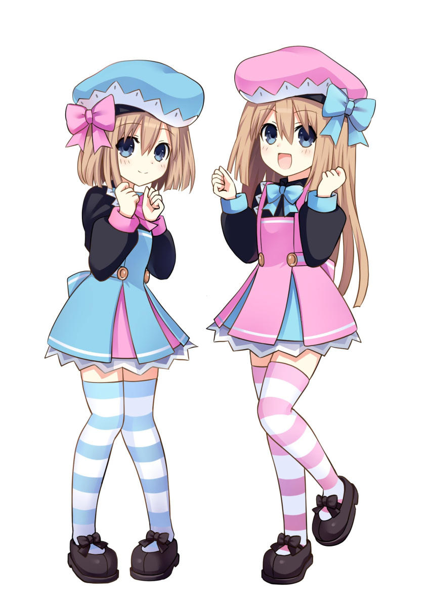 2girls :d beret blue_bow blue_eyes blush bow brown_hair dress full_body gekijigen__blanc_+_neptune_vs_zombie_gundan hair_between_eyes hands_up hat highres long_hair looking_at_viewer mary_janes multiple_girls neptune_(series) open_mouth pink_bow ram_(choujigen_game_neptune) rom_(choujigen_game_neptune) shoes short_hair siblings simple_background sisters smile standing standing_on_one_leg striped striped_legwear twins white_background zero_(ray_0805)