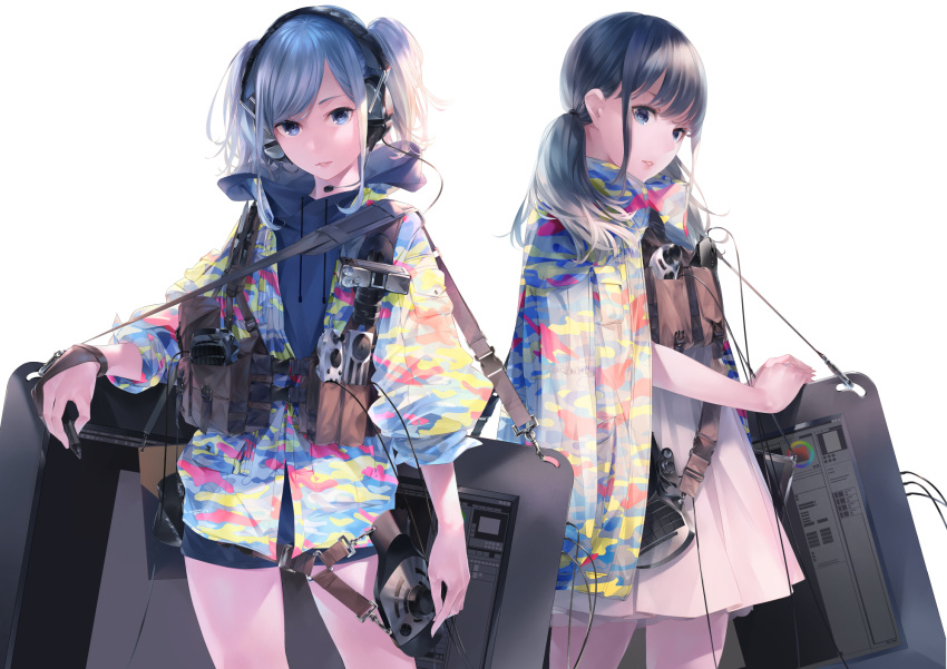 2girls black_hair blue_eyes blue_hair camera drawing_tablet facing_viewer gloves headphones highres mouse_(computer) multicolored multicolored_clothes multiple_girls original razer razer_orbweaver shorts sousou_(sousouworks) strap sweater tagme twintails wacom white_background