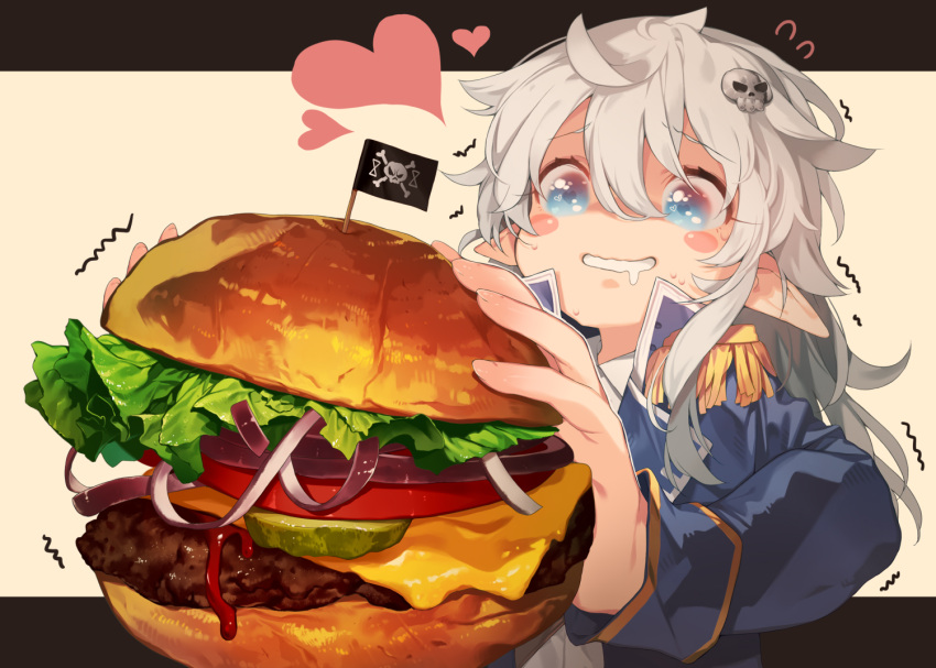 1girl blue_eyes blush eyebrows_visible_through_hair food hamburger heart heart-shaped_pupils holding holding_food long_hair long_sleeves looking_at_viewer original pointy_ears saliva silver_hair solo symbol-shaped_pupils takotsu upper_body