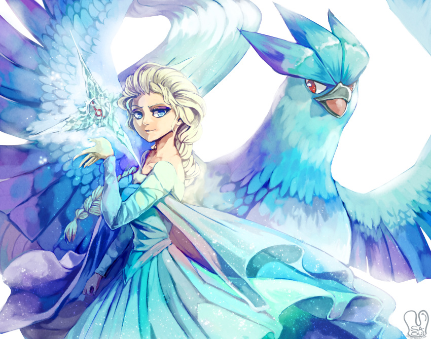 articuno blonde_hair blue_dress blue_eyes commentary dress elsa_(frozen) english_commentary frozen_(disney) gen_1_pokemon highres ice legendary_pokemon long_hair long_sleeves looking_at_viewer parted_lips pokemon pokemon_(creature) red_eyes sa-dui signature simple_background smile standing white_background