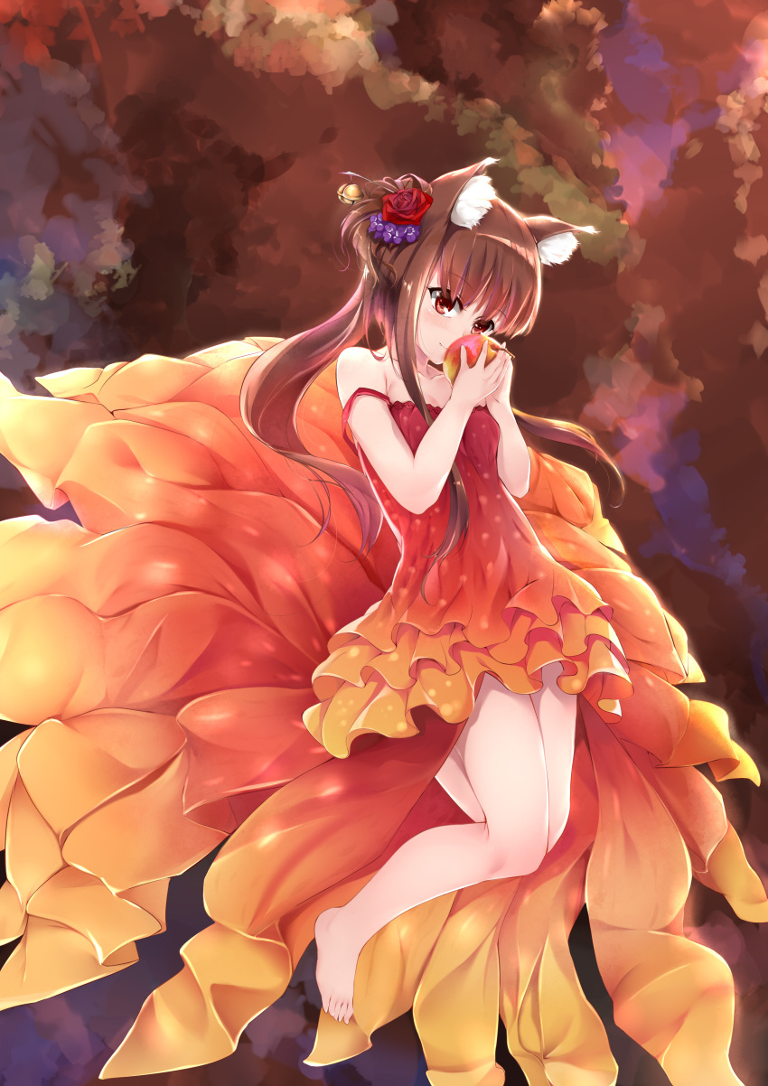 1girl absurdres animal_ears apple bare_legs barefoot brown_hair c_(pixiv3064042) collarbone commentary_request dress eyebrows_visible_through_hair floating floating_hair flower food fruit hair_flower hair_ornament highres holding holding_fruit holo kanzashi legs long_hair red_dress red_eyes solo spice_and_wolf strap_slip wolf_ears