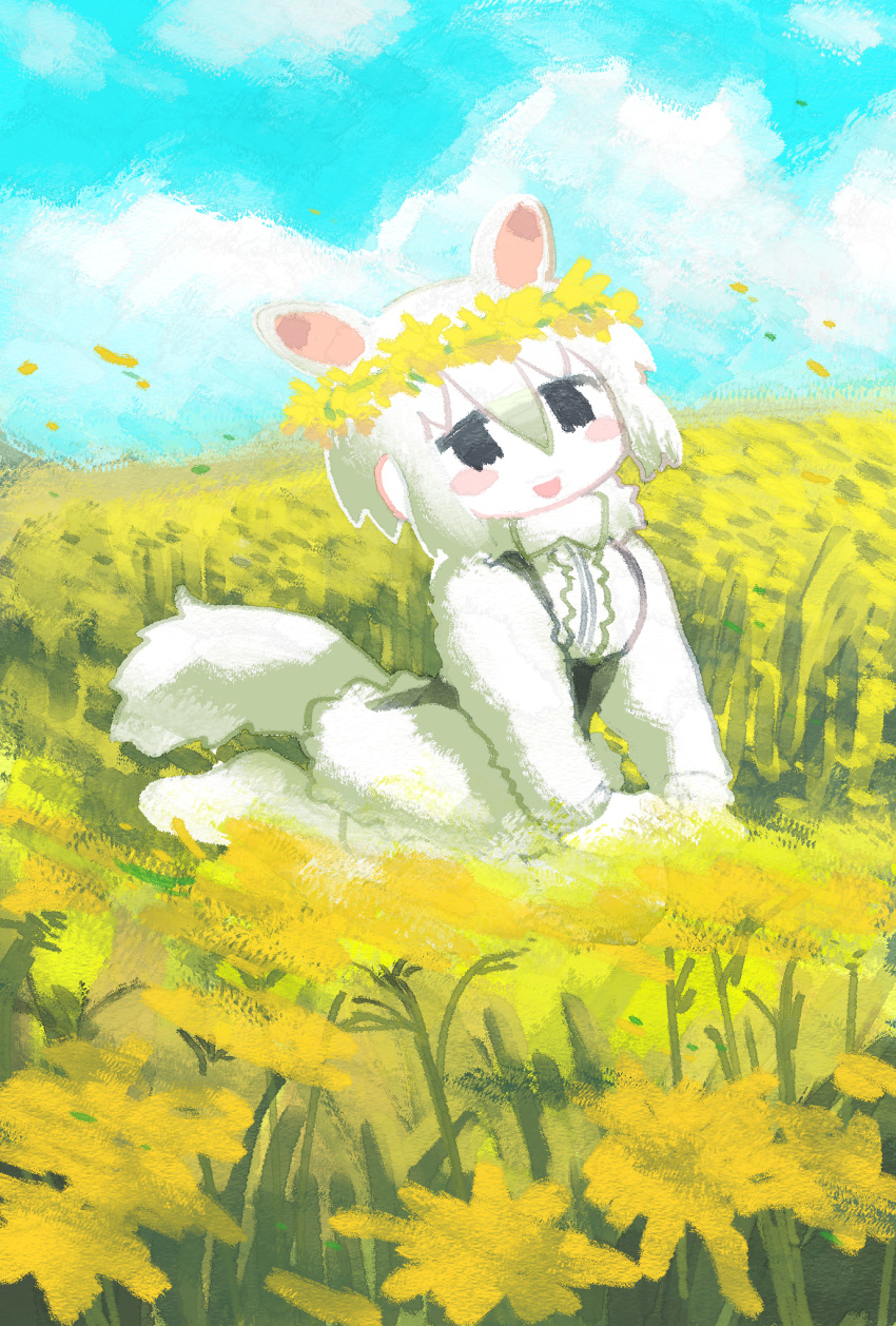 1girl :d blue_sky blush_stickers clouds commentary_request day extra_ears field flower flower_field flower_wreath gunzan highres kemono_friends open_mouth outdoors petals short_hair sitting sky smile solo southern_tamandua_(kemono_friends) tamandua_ears tamandua_tail white_hair