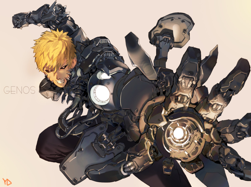 1boy black_pants black_sclera blonde_hair character_name clenched_hand clenched_teeth cyborg genos hair_between_eyes looking_at_viewer male_focus motion_blur one-punch_man pants parts_exposed signature solo teeth weapon yang-do yellow_eyes