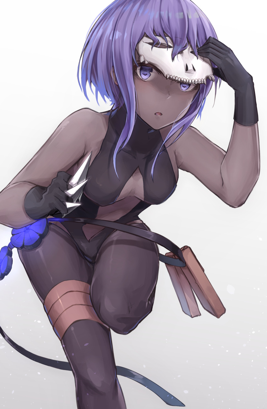 1girl absurdres bare_shoulders belt_pouch between_fingers black_cola black_gloves black_legwear black_leotard breasts cleavage_cutout dark_skin fate/grand_order fate/prototype fate/prototype:_fragments_of_blue_and_silver fate_(series) feet_out_of_frame flower gloves gradient gradient_background hassan_of_serenity_(fate) highres holding holding_weapon kunai leotard lifting_mask looking_at_viewer mask pantyhose parted_lips purple_hair revealing_clothes short_hair sidelocks simple_background skull_mask solo violet_eyes weapon