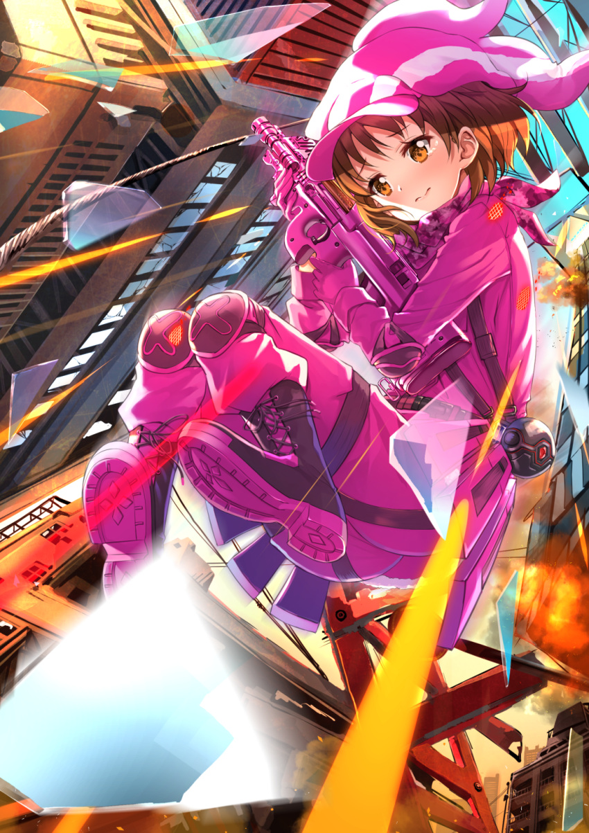 1girl animal_ears animal_hat bangs blush boots brown_eyes brown_hair bullpup bunny_hat closed_mouth commentary_request cross-laced_footwear day explosion eyebrows_visible_through_hair gloves gun hat highres holding holding_gun holding_weapon jacket lace-up_boots llenn_(sao) long_sleeves outdoors p90 pants pink_footwear pink_gloves pink_hat pink_jacket pink_pants rabbit_ears solo submachine_gun sword_art_online sword_art_online_alternative:_gun_gale_online swordsouls tears weapon