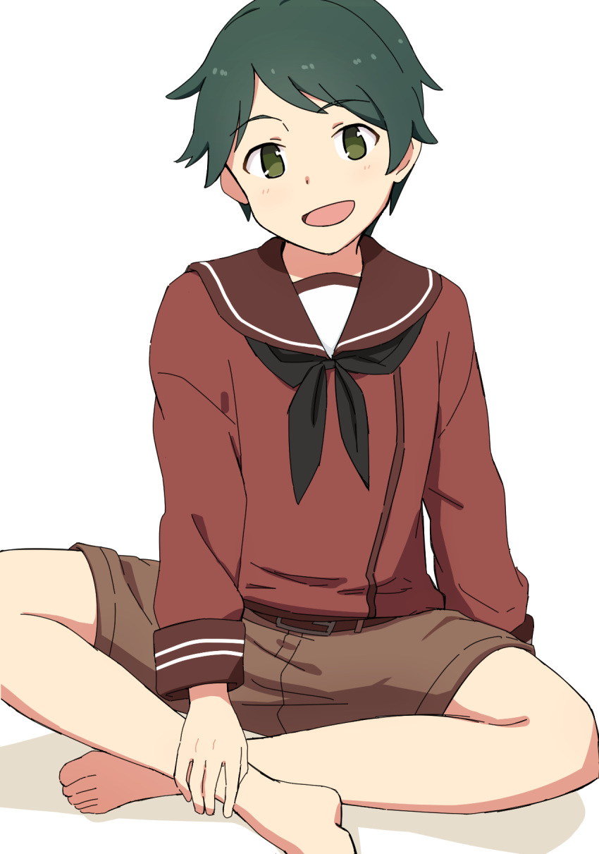 1girl :d green_eyes green_hair highres indian_style kantai_collection long_sleeves looking_at_viewer mogami_(kantai_collection) neckerchief open_mouth sailor_collar short_hair short_sleeves simple_background sitting smile solo very_short_hair wachi_(hati1186) white_background