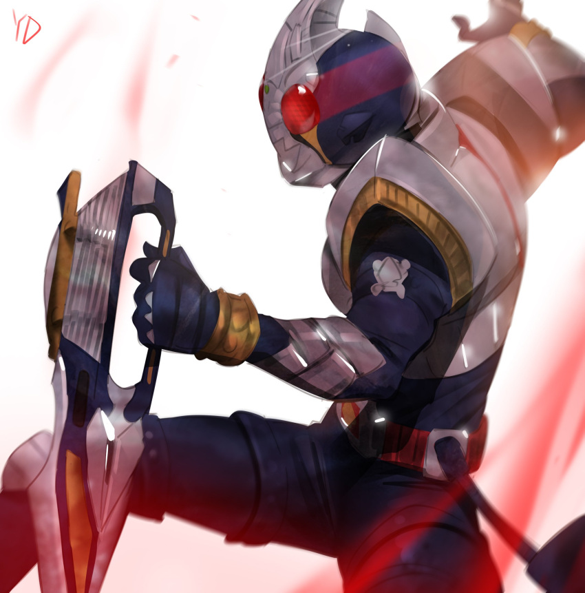 1boy armor aura blue_gloves commentary_request gloves helmet highres holding holding_weapon kamen_rider kamen_rider_blade kamen_rider_blade_(series) legs_apart male_focus pants pauldrons signature solo weapon yang-do