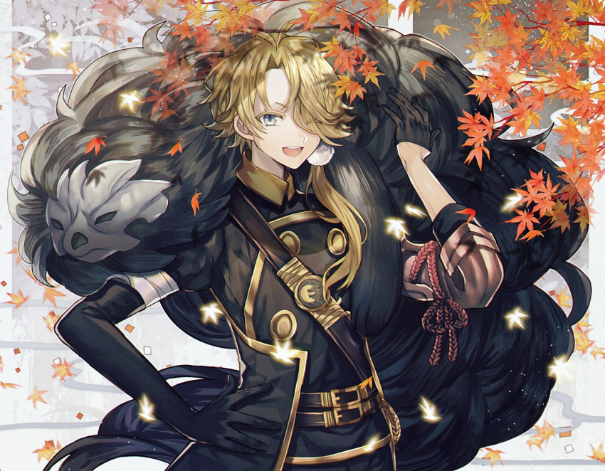 1boy ;d abandon_ranka asymmetrical_gloves autumn_leaves black_gloves blonde_hair blue_eyes braid branch eyes_visible_through_hair gloves hair_over_one_eye hand_on_hip leaf male_focus one_eye_closed open_mouth ponytail shishiou shishiou_no_mofumofu smile touken_ranbu