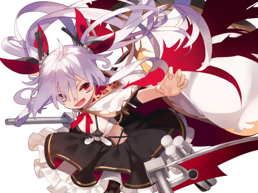 1girl :d ahoge azur_lane bangs bikini_top black_bikini_top black_dress breasts commentary_request dress eyebrows_visible_through_hair fangs front-tie_bikini front-tie_top hair_between_eyes hair_ornament hair_ribbon leaning_forward long_hair open_mouth outstretched_arm red_eyes red_ribbon red_wings ribbon shishamo_(maraosan3) short_sleeves silver_hair simple_background small_breasts smile solo twintails v-shaped_eyebrows vampire_(azur_lane) very_long_hair white_background wings