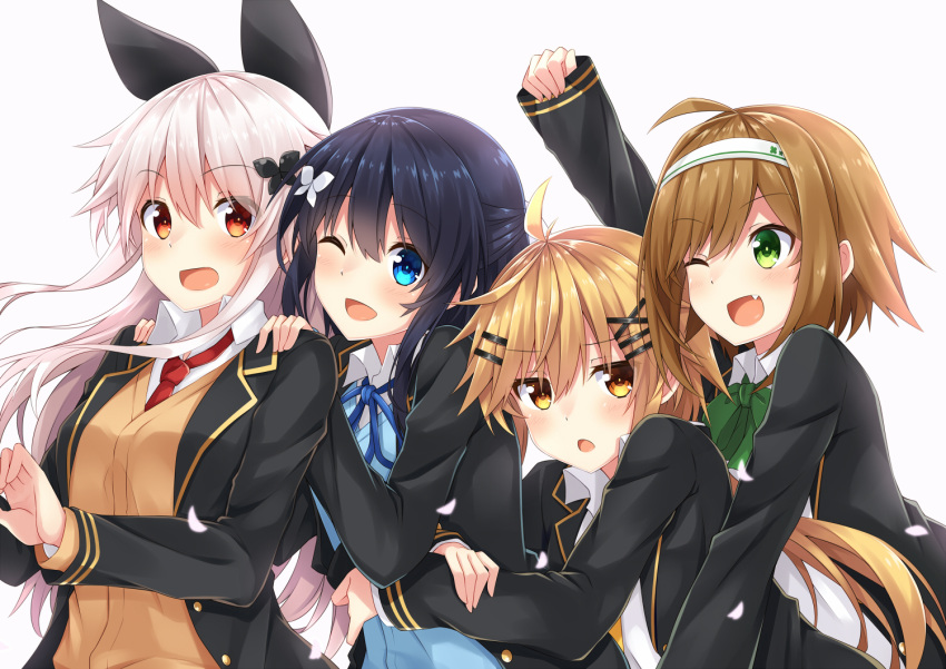 4girls ;d arm_up bangs black_blazer black_hair blazer blue_cardigan blue_eyes blue_ribbon blush bow bowtie brown_eyes brown_hair butterfly_hair_ornament cardigan collared_shirt commentary_request etna_(kuzuyu) eyebrows_visible_through_hair fang green_eyes green_neckwear grey_background hair_between_eyes hair_ornament hairclip hands_on_another's_shoulders headband hug hug_from_behind jacket komori_kuzuyu light_brown_hair long_hair long_sleeves multiple_girls neck_ribbon necktie one_eye_closed open_blazer open_clothes open_jacket open_mouth original petals red_eyes red_neckwear ribbon rivier_(kuzuyu) school_uniform shirt silver_hair sleeves_past_wrists smile very_long_hair white_shirt x_hair_ornament