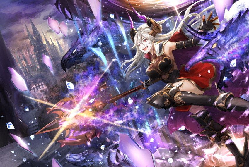 1girl armored_boots armpits black_footwear boots breasts detached_sleeves fingerless_gloves floating_hair gloves granblue_fantasy holding holding_weapon koroneko_p0w0q large_breasts long_hair outdoors pleated_skirt poleaxe red_skirt silver_hair skirt solo spaulders thalatha_(granblue_fantasy) thigh-highs thigh_boots very_long_hair weapon