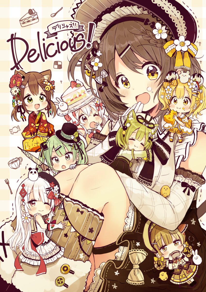 6+girls :d :t ;o ^_^ absurdres bangs bird black_skirt blonde_hair blush bonnet boots bow bowtie braid brown_hair cake checkerboard_cookie chick closed_eyes commentary_request cookie cover cover_page cup doujin_cover dress elbow_gloves flower food food_on_face fur-trimmed_boots fur_trim gloves green_eyes green_hair hair_bow hair_flower hair_ornament hair_ribbon hair_rings hairband hairpin hand_to_own_mouth highres japanese_clothes kimono kneehighs long_hair looking_at_viewer minigirl multiple_girls one_eye_closed one_side_up open_mouth original personification plaid plaid_background rabbit ribbon sakura_oriko short_hair sitting sitting_on_person skirt slice_of_cake smile string_of_flags teacup twintails umbrella violet_eyes white_hair yellow_bow