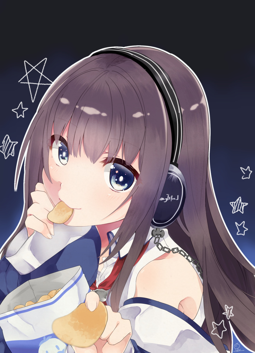 1girl absurdres azur_lane black_hair chips commentary_request feeding food grey_eyes headphones highres imomushi_(iimomushii) long_hair long_island_(azur_lane) looking_at_viewer mouth_hold potato_chips pov remodel_(azur_lane) shaft_look simple_background smile snack solo star starry_background
