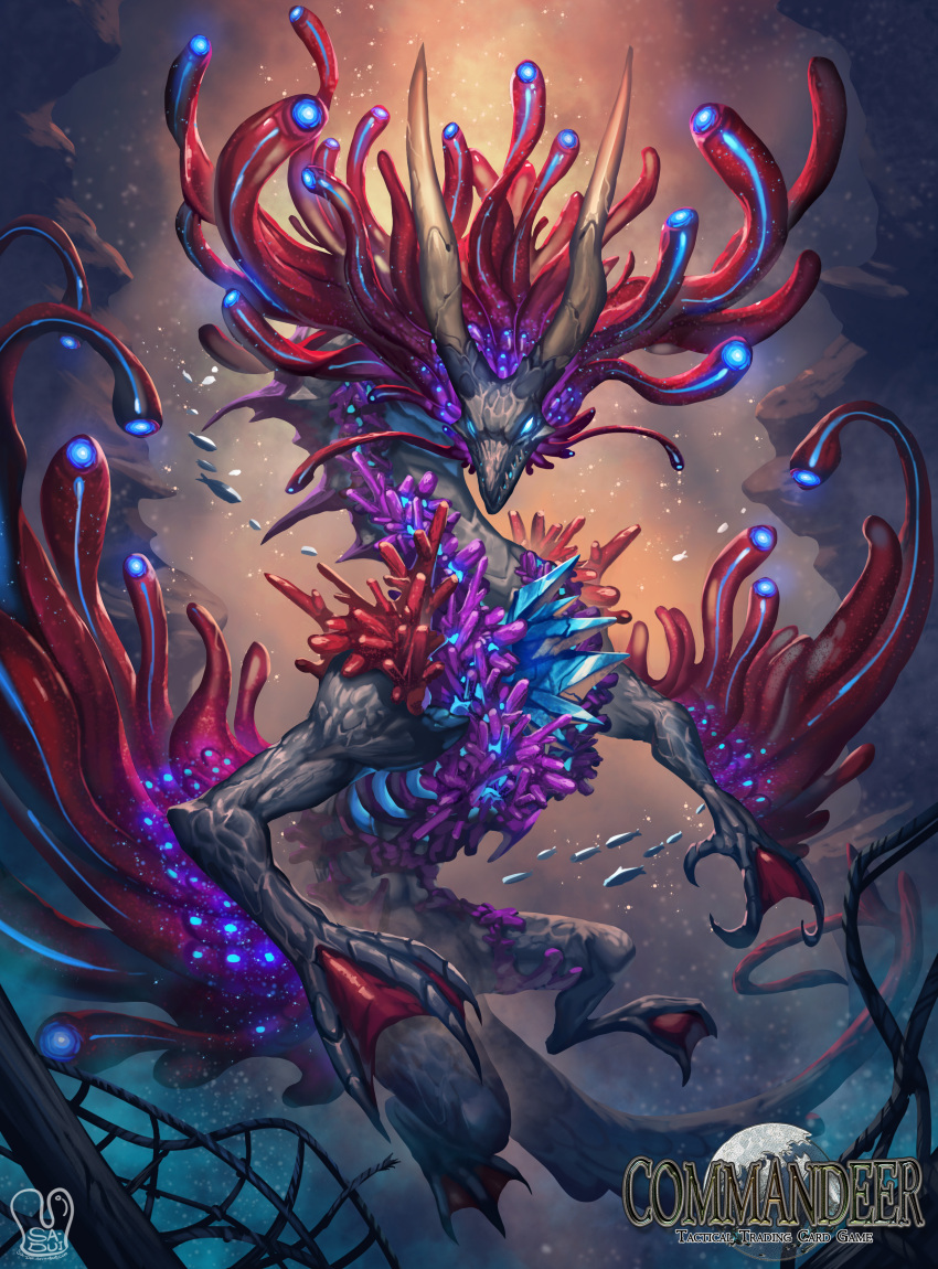 absurdres blue_eyes commandeer commentary_request commission copyright_name coral coral_reef_dragon dragon fish highres no_humans sa-dui sharp_teeth signature teeth underwater webbed_hands