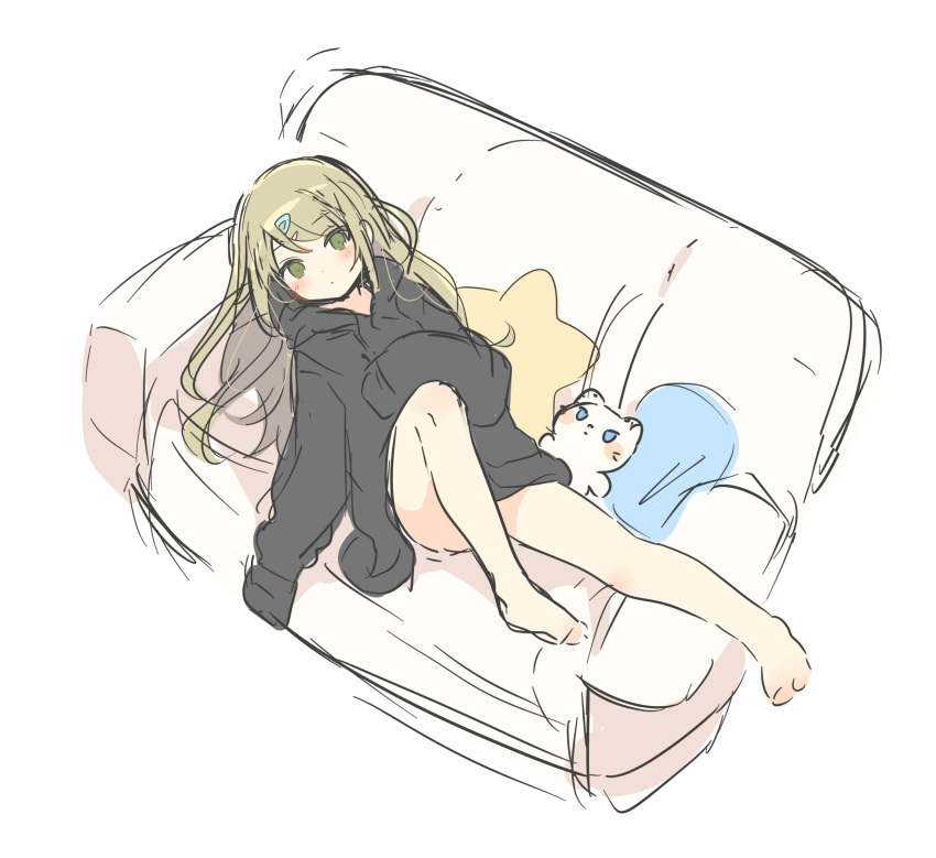 1girl bangs bare_legs barefoot black_hoodie blush closed_mouth couch eyebrows_visible_through_hair green_eyes hair_ornament hairclip highres hood hood_down hoodie light_brown_hair long_hair long_sleeves looking_at_viewer mafuyu_(chibi21) on_couch original pillow sketch sleeves_past_fingers sleeves_past_wrists solo star star_pillow stuffed_animal stuffed_cat stuffed_toy very_long_hair