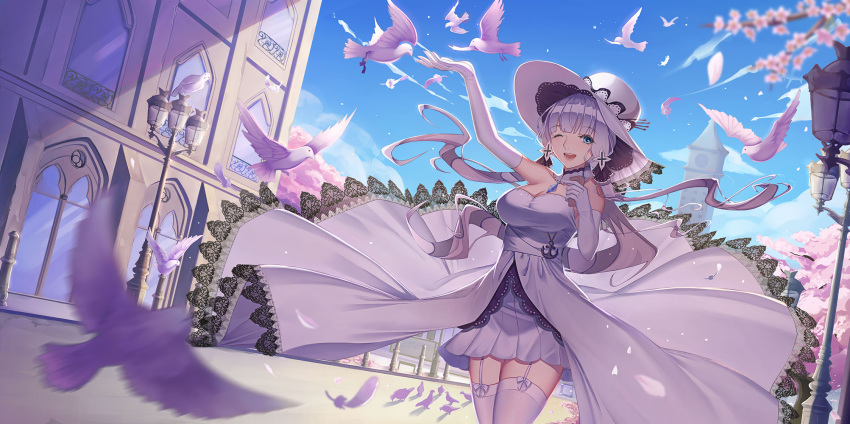 1girl anchor_symbol azur_lane bangs bird blue_eyes blue_sky blush breasts building cherry_blossoms choker cleavage clouds dress elbow_gloves eyebrows_visible_through_hair feathers floating_hair garter_straps gloves hair_ornament hair_ribbon hand_up hat highres illustrious_(azur_lane) j_junz jewelry lamppost large_breasts long_hair looking_at_viewer low_twintails mole mole_under_eye one_eye_closed open_mouth outstretched_arm pantyhose pendant revision ribbon road sidelocks sky smile solo street sun_hat thigh-highs tress_ribbon twintails white_dress white_gloves white_hair white_hat white_legwear wind wind_lift