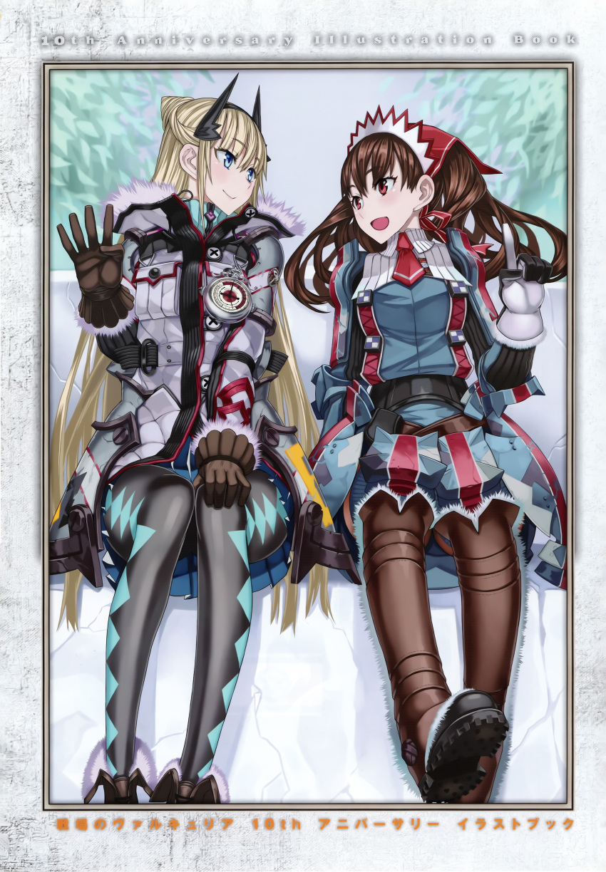 2girls :d absurdres alicia_melchiott ankle_boots argyle argyle_legwear armor bangs blonde_hair blue_eyes boots breast_pocket breasts brown_footwear brown_hair coat eyebrows_visible_through_hair faulds fur_trim hairband hand_up highres honjou_raita huge_filesize knee_boots long_hair long_sleeves looking_at_another medium_breasts multiple_girls official_art open_mouth pantyhose pleated_skirt pocket red_eyes red_neckwear reiley_miller scan senjou_no_valkyria senjou_no_valkyria_4 shoulder_armor sidelocks sitting skirt smile thigh-highs turtleneck watch winter_clothes winter_coat