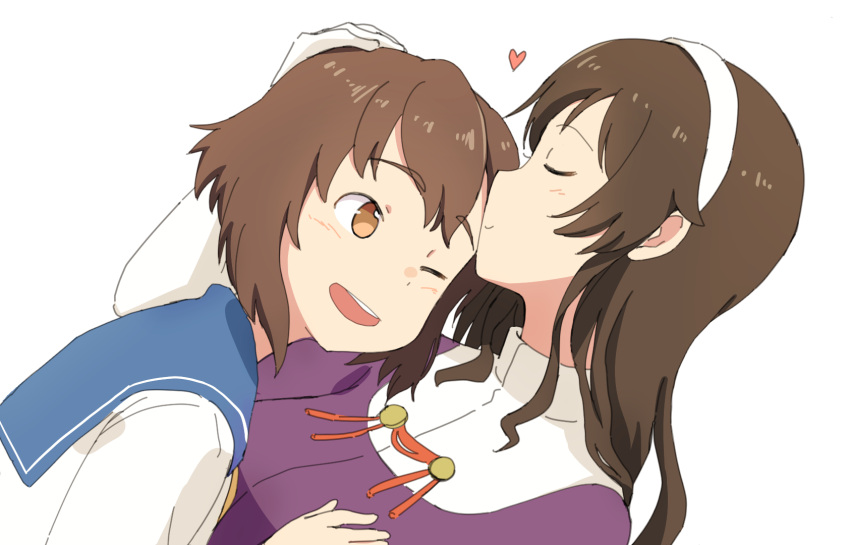 2girls :d ashigara_(kantai_collection) brown_hair closed_eyes elbow_gloves forehead_kiss gloves hairband hand_on_another's_head heart highres kantai_collection kiss light_brown_eyes long_hair multiple_girls one_eye_closed open_mouth short_hair simple_background smile wachi_(hati1186) white_background white_gloves yukikaze_(kantai_collection)