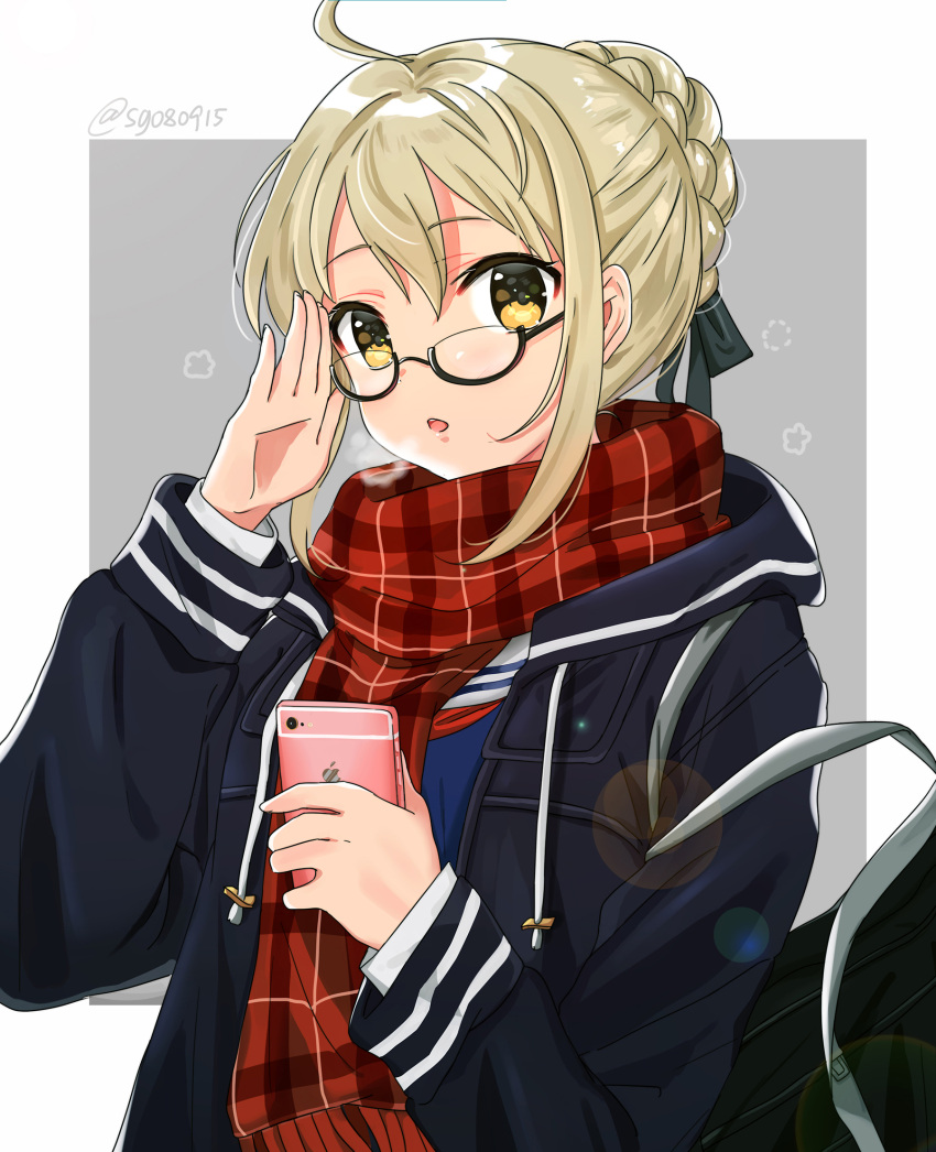 1girl :o adjusting_eyewear ahoge artoria_pendragon_(all) bag bangs black-framed_eyewear black_coat blonde_hair blush braid breath cellphone cellphone_camera coat duffel_bag eyebrows_visible_through_hair fate/grand_order fate_(series) glasses hand_up highres holding holding_phone lens_flare long_sleeves looking_at_viewer mysterious_heroine_x_(alter) open_clothes open_coat open_mouth palms phone plaid plaid_scarf red_scarf scarf semi-rimless_eyewear shiny shiny_hair short_hair smartphone solo tareme tomato_omurice_melon twitter_username two-tone_background under-rim_eyewear upper_body yellow_eyes