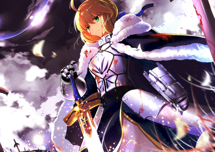 1girl after_battle ahoge armor armored_dress artoria_pendragon_(all) bangs black_gloves black_sky blonde_hair blood blood_on_face bloody_clothes bloody_weapon blue_dress blue_ribbon braid breastplate brown_cloak chinese_commentary closed_mouth clouds cloudy_sky commentary_request crack dress dripping excalibur eyebrows_visible_through_hair fate/stay_night fate_(series) faulds floating_hair french_braid from_below fur-trimmed_cloak gauntlets glint gloves grass green_eyes hair_between_eyes hair_bun hair_ribbon hand_on_hilt highres lens_flare light light_particles long_dress long_sleeves looking_away medium_hair motion_blur outdoors paperfinger petals planted_sword planted_weapon ribbon saber serious shiny shiny_hair sidelocks sky solo standing sword weapon wind