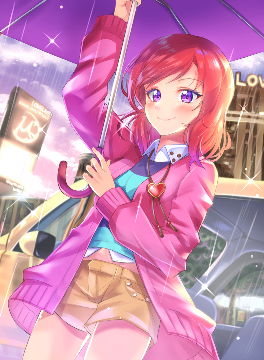 1girl absurdres bangs birthday car ground_vehicle happy_birthday heart heart_necklace highres jacket jewelry long_sleeves love_live! love_live!_school_idol_project motor_vehicle necklace nishikino_maki rain redhead shaka_(staito0515) short_hair short_shorts shorts solo umbrella violet_eyes