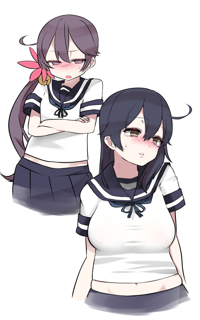 2girls akebono_(kantai_collection) bell blush commentary_request crossed_arms flower hair_bell hair_flower hair_ornament highres jingle_bell kantai_collection long_hair mitsudoue multiple_girls purple_hair school_uniform serafuku side_ponytail ushio_(kantai_collection)