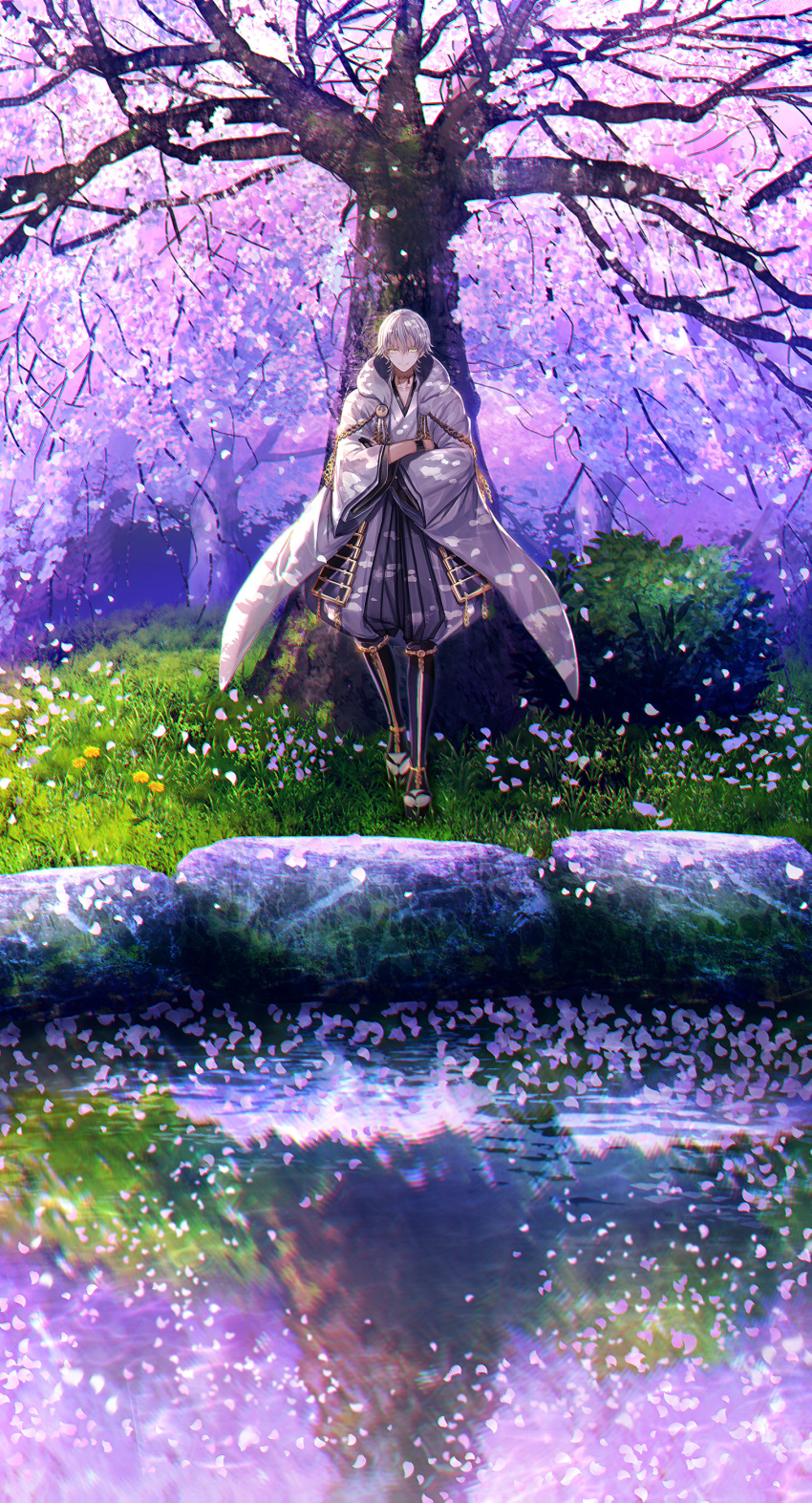 1boy abandon_ranka absurdres armor cherry_blossoms crossed_arms dandelion flower highres hood japanese_armor japanese_clothes male_focus no_reflection petals sandals smile tabi touken_ranbu tree tsurumaru_kuninaga water white_hair yellow_eyes