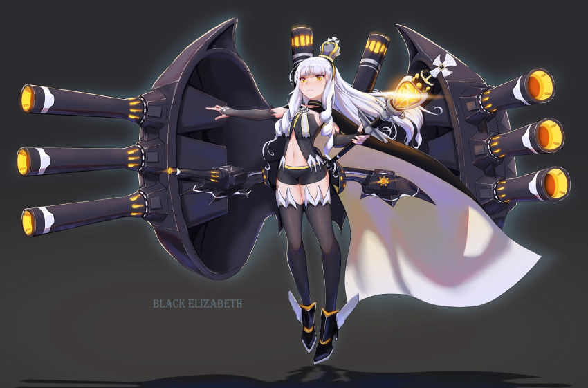 1girl 5555_96 alternate_costume alternate_eye_color alternate_hair_color azur_lane black_legwear cape commentary_request crown dark_persona detached_sleeves diamond full_body highres holding long_hair looking_at_viewer machinery mini_crown navel pose queen_elizabeth_(azur_lane) scepter simple_background solo thigh-highs turret white_hair yellow_eyes zettai_ryouiki