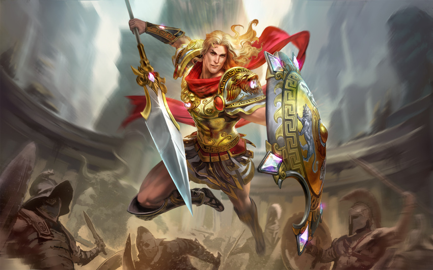 1boy abs achilles_(smite) armor blonde_hair curly_hair faceless faceless_male gem helmet highres long_hair male_focus polearm sandals scar shield simon_eckert smite solo spear sword teeth weapon yellow_eyes