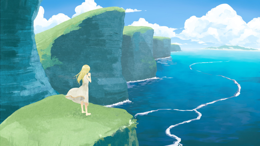 1girl barefoot blonde_hair clouds cloudy_sky day from_behind gyari_(imagesdawn) hands_clasped highres long_hair original outdoors own_hands_together scenery sky solo water