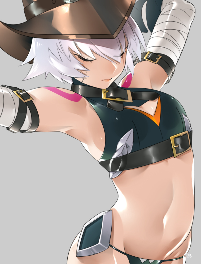 1girl arm_belt arms_up bandage bandaged_arm bare_shoulders black_panties closed_eyes closed_mouth commentary cowboy_hat facial_scar fate/apocrypha fate/grand_order fate_(series) grey_background hat highres hikizan jack_the_ripper_(fate/apocrypha) lips navel panties scar scar_across_eye scar_on_cheek shiny shiny_hair shiny_skin short_hair shoulder_tattoo silver_hair simple_background solo stomach tattoo underwear