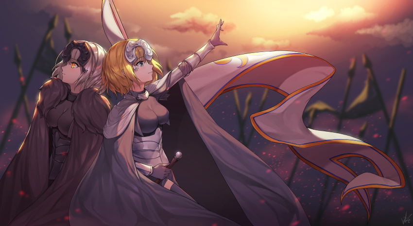 2girls arm_up armor armored_dress bangs black_cape black_dress black_gloves black_legwear blonde_hair breasts brown_eyes cape closed_mouth clouds commentary_request dress eyebrows_visible_through_hair fate/apocrypha fate/grand_order fate_(series) fur-trimmed_cape fur_trim gloves green_eyes hair_between_eyes headpiece highres jeanne_d'arc_(alter)_(fate) jeanne_d'arc_(fate) jeanne_d'arc_(fate)_(all) large_breasts lee_seok_ho looking_at_viewer looking_up multiple_girls outdoors outstretched_arm short_hair silver_hair sky thigh-highs vambraces