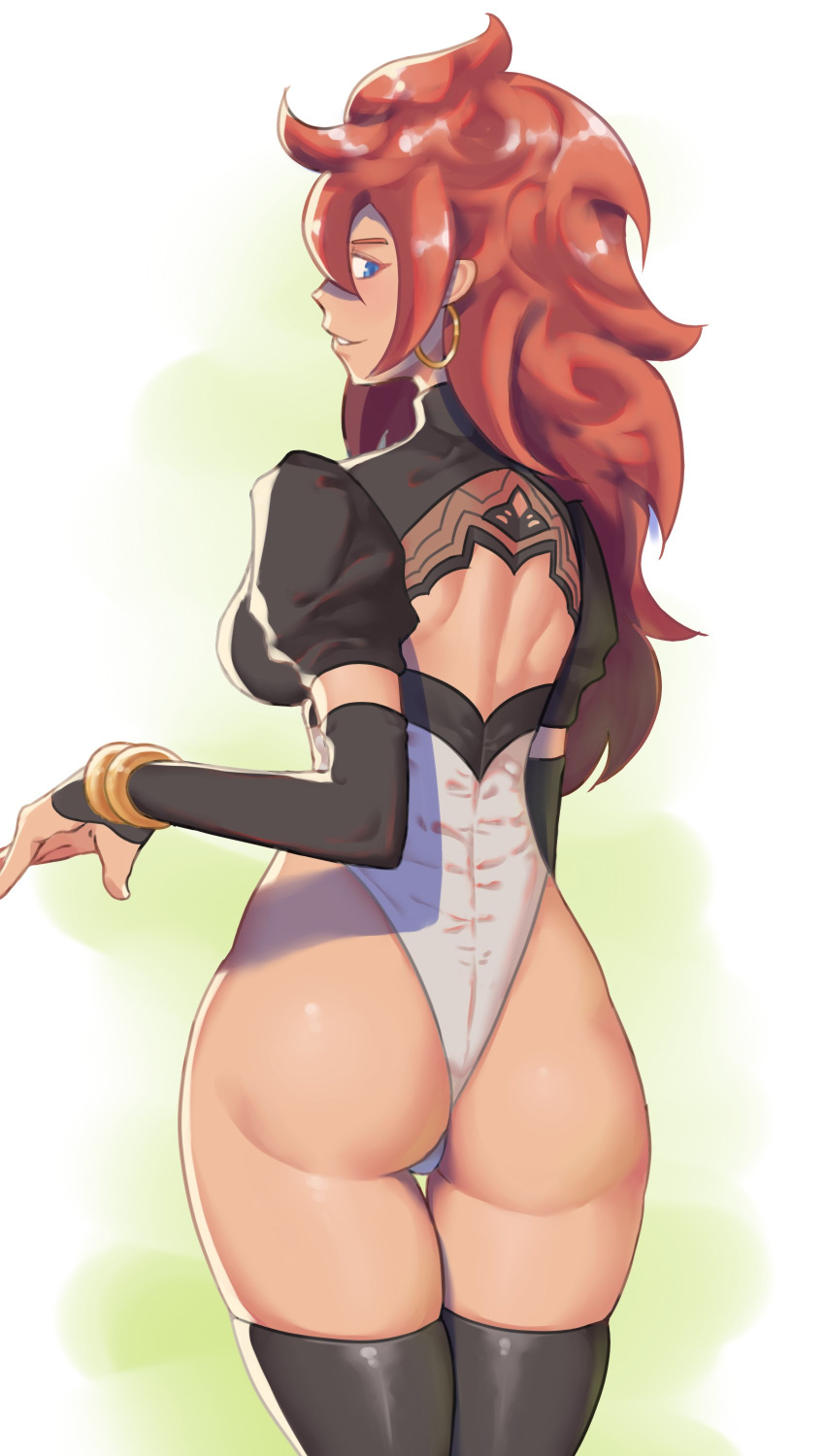 1girl absurdres android_21 ass back_cutout black_thighhighs blue_eyes bracelet brown_hair commentary cosplay detached_sleeves dragon_ball dragon_ball_fighterz earrings english_commentary female_ass from_behind highleg highleg_leotard highres hoop_earrings jewelry leotard long_hair looking_back nier_(series) nier_automata no_bra no_panties no_pants puffy_sleeves sidelocks solo suwaiya tan thigh-highs thigh_gap thighs thong_leotard yorha_no._2_type_b yorha_no._2_type_b_(cosplay)