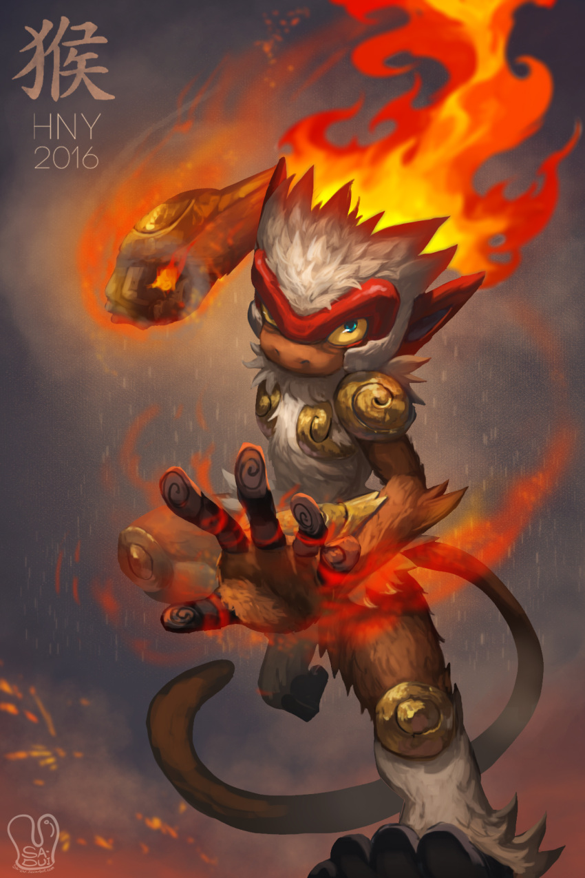 blue_eyes clenched_hand commentary dated english_commentary fighting_stance fire gen_4_pokemon highres infernape looking_at_viewer monkey pokemon sa-dui signature standing standing_on_one_leg