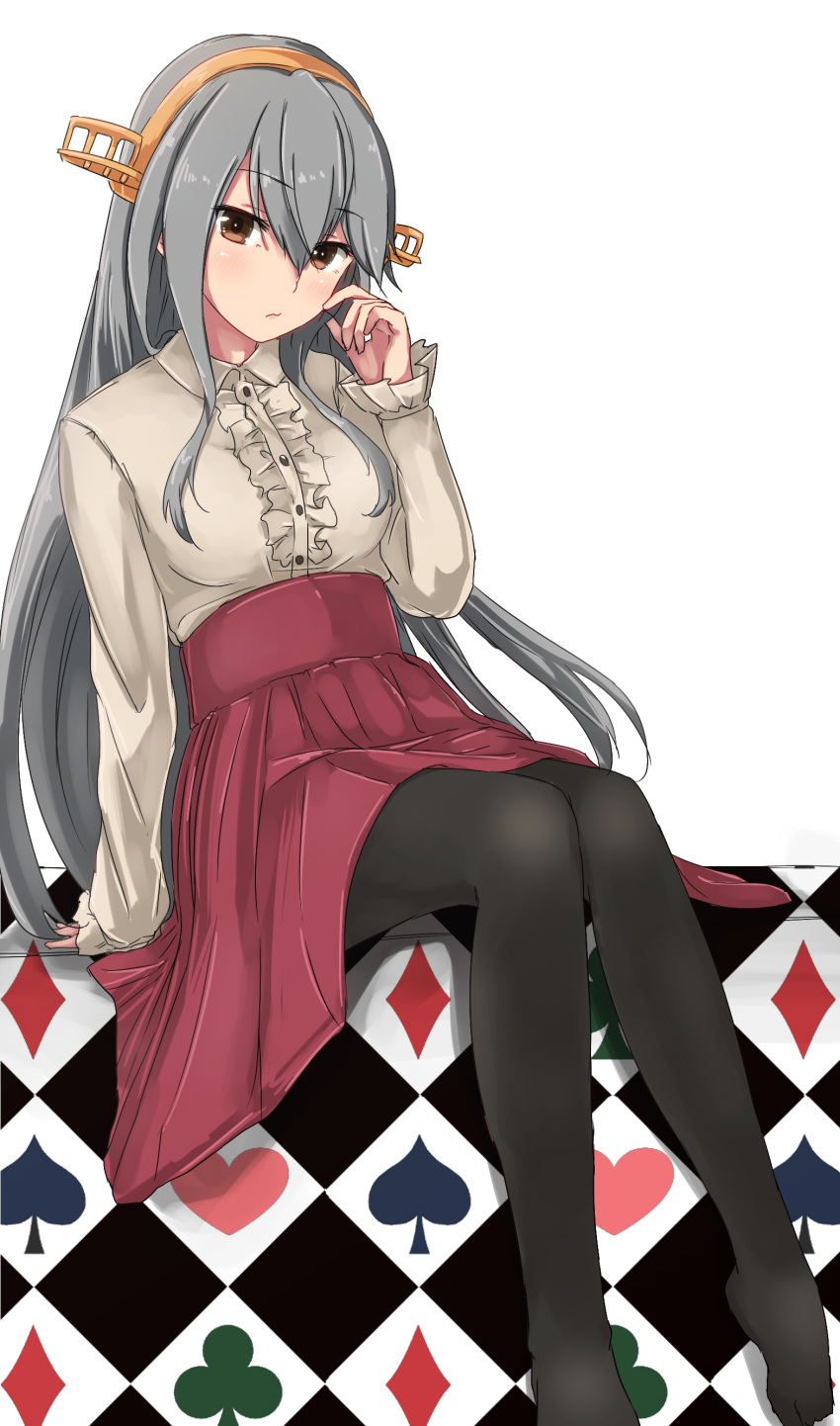 1girl absurdres ame-rain bent_elbow bent_knees black_hair breasts commentary_request haruna_(kantai_collection) headgear highres kantai_collection long_hair looking_at_viewer medium_breasts meme_attire pantyhose sitting skirt solo virgin_killer_outfit