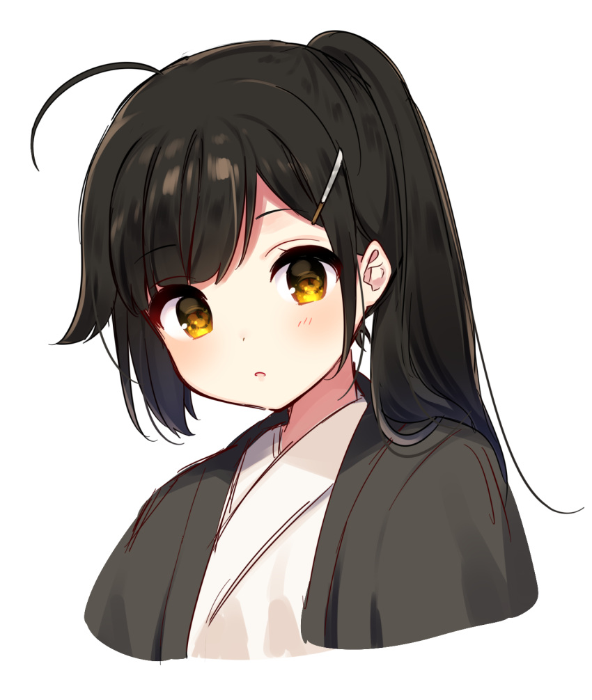 1girl :o ahoge bangs black_hair blush brown_eyes cropped_torso eyebrows_visible_through_hair hair_ornament hairclip high_ponytail highres japanese_clothes kimono long_hair mafuyu_(chibi21) original parted_lips sidelocks simple_background solo white_background white_kimono