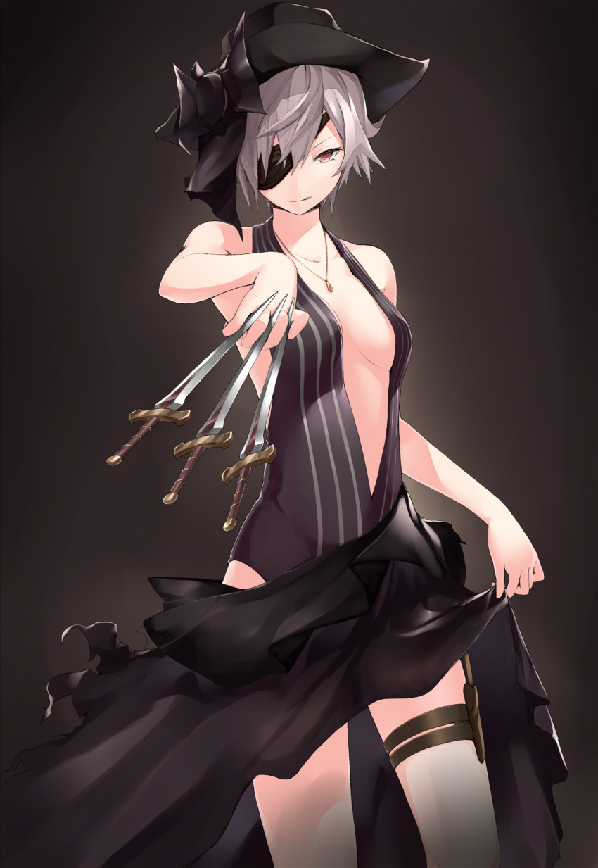 1girl aizawa_masaya black_background black_bow black_hat black_leotard black_skirt bow breasts cleavage collarbone eyepatch granblue_fantasy hair_between_eyes hair_bow halterneck hat highres holding holding_knife holster jewelry knife leotard looking_at_viewer medium_breasts necklace red_eyes short_hair silver_hair skirt skirt_hold sleeveless smile solo standing tanya_(granblue_fantasy) thigh_holster thigh_strap