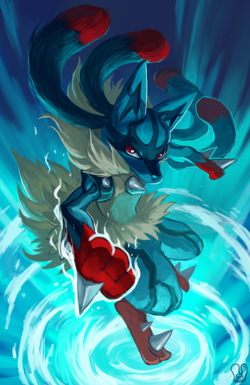 absurdres aura commentary english_commentary fur gen_4_pokemon highres looking_at_viewer lucario mega_lucario mega_pokemon pokemon pokemon_(creature) red_eyes sa-dui signature solo spikes standing standing_on_one_leg